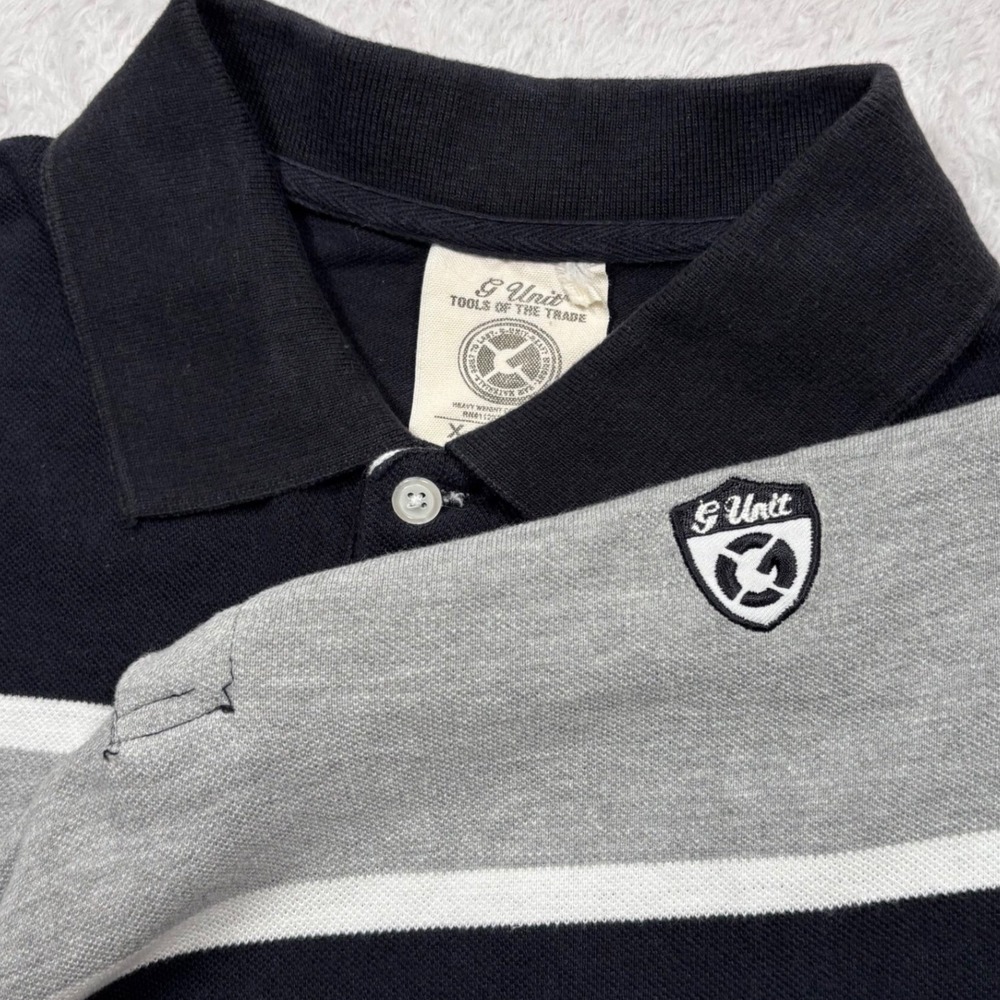 Y2K G-Unit Polo Shirt Men XL (FIT M) Black Gray Colorblock Stripe Heavy  Logo